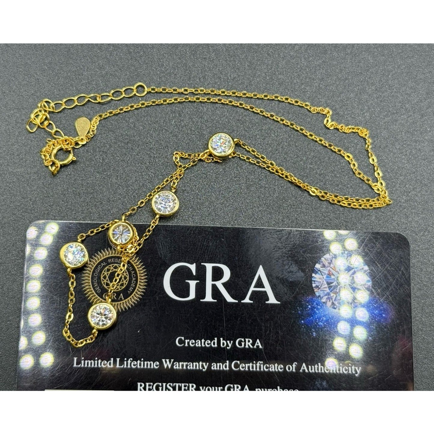 New Condition 18” Gold Sterling Silver Moissanite Station Necklace GRA