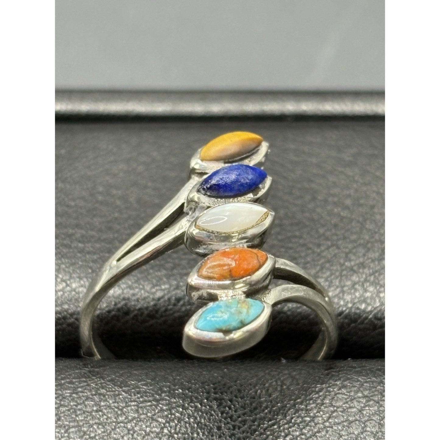 New Condition Sterling Silver Multi Gemstone Bypass Ring Size 10