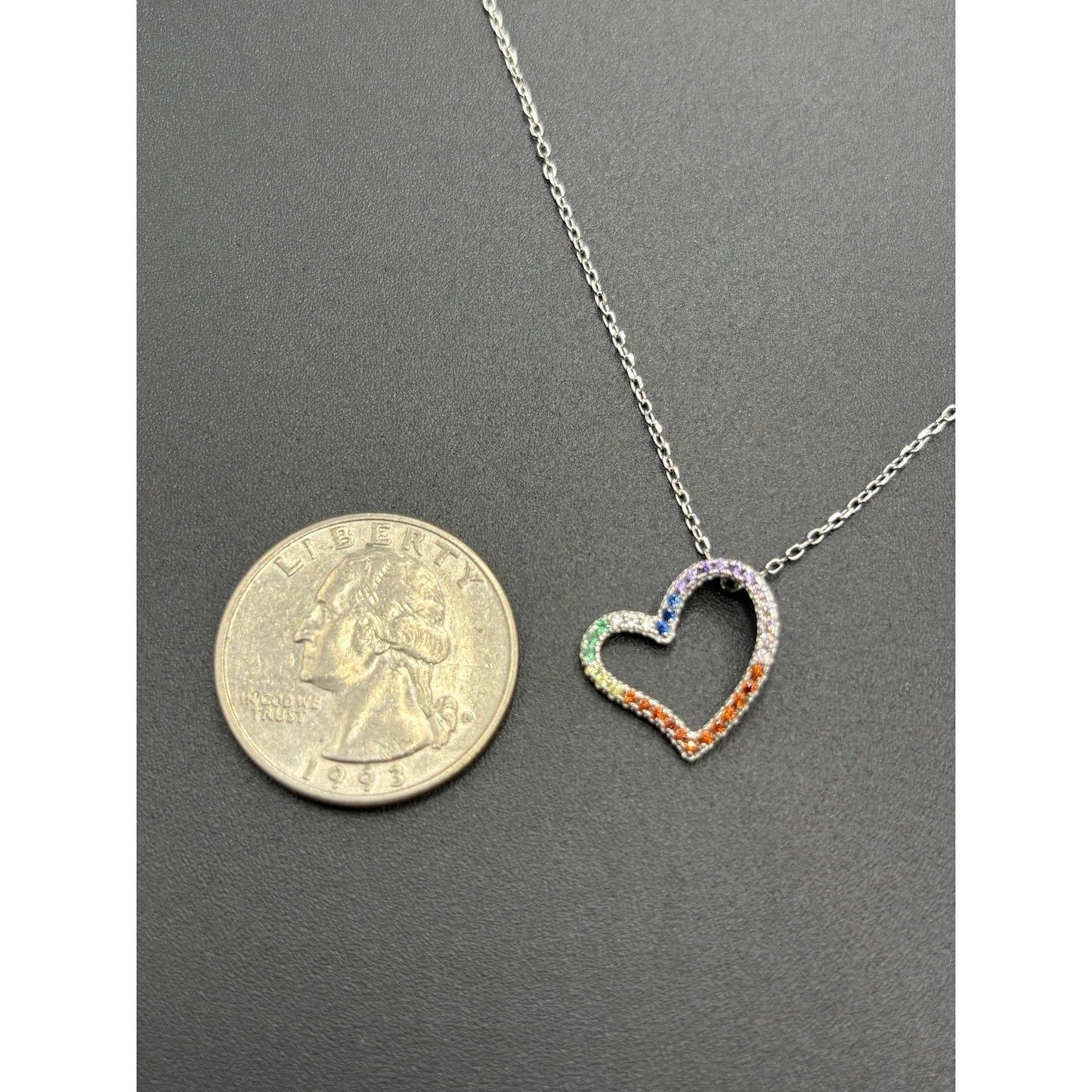 New Condition 18" Sterling Silver Rainbow Cubic Zirconia Heart Pendant Necklace