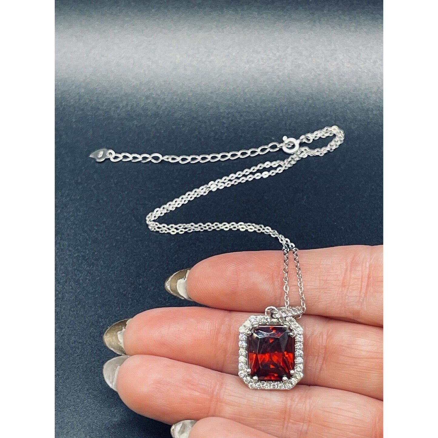 18” Sterling Silver Red Cubic Zirconia Halo Pendant Necklace Extender L13