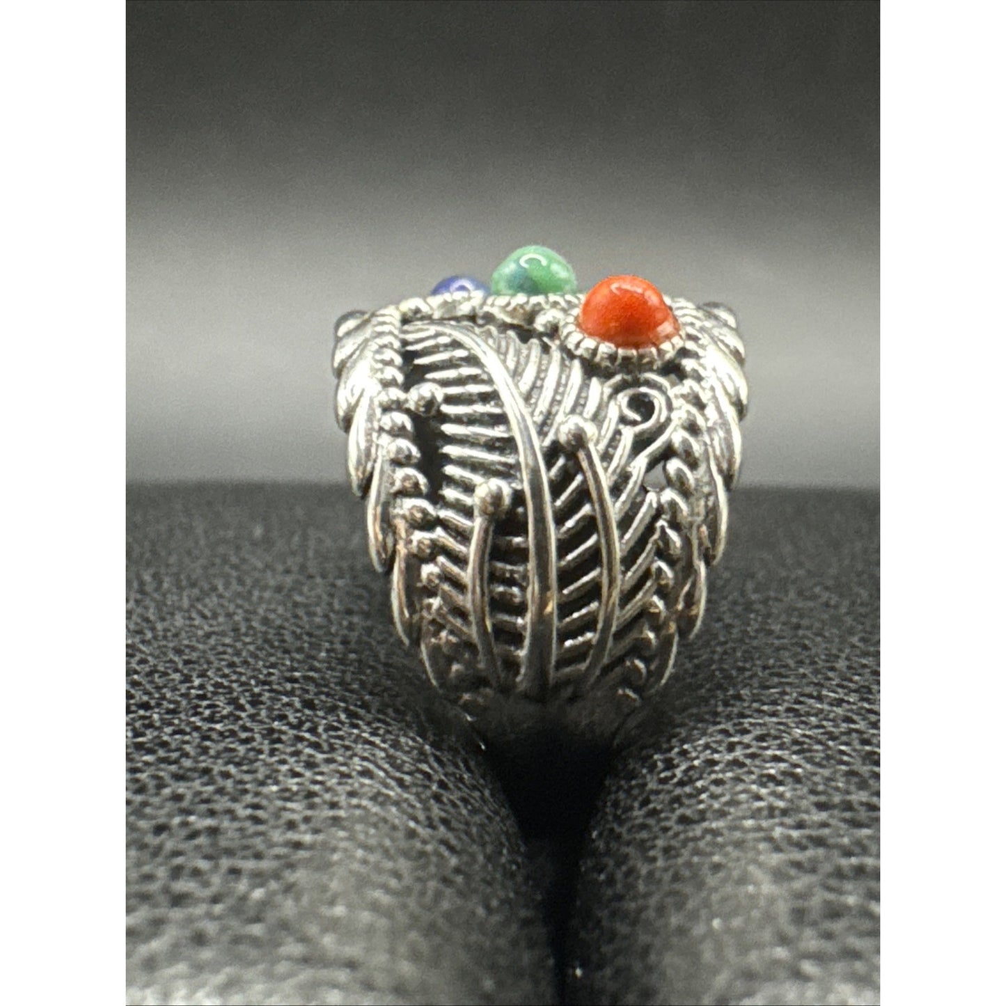 New Condition Coral Turquoise Lapis Feathers Band Ring 925 Size 7