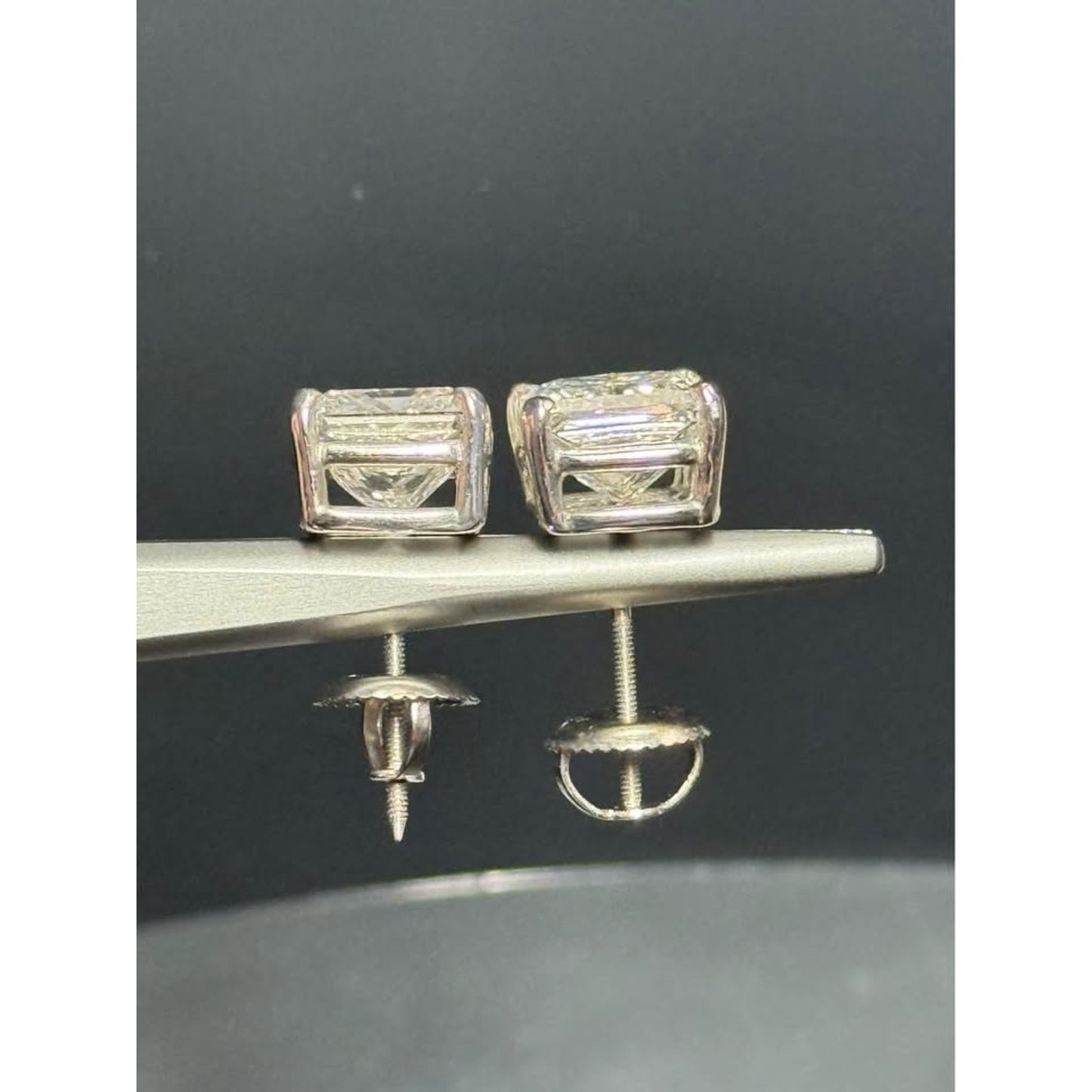 14k White Gold 4.02 CTW (2 carat each) Princess Cut Studs E Color VS1 Clarity Screw Backs