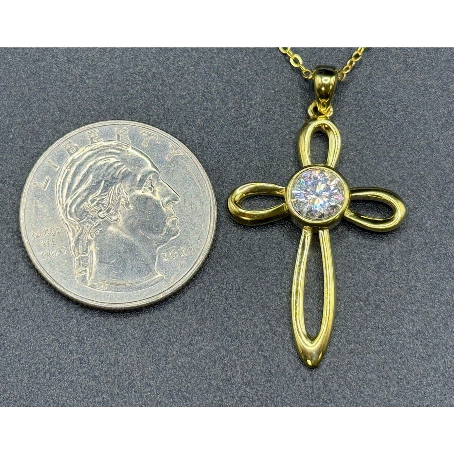 New Condition 18” Gold Sterling Silver Moissanite Cross Pendant Necklace GRA