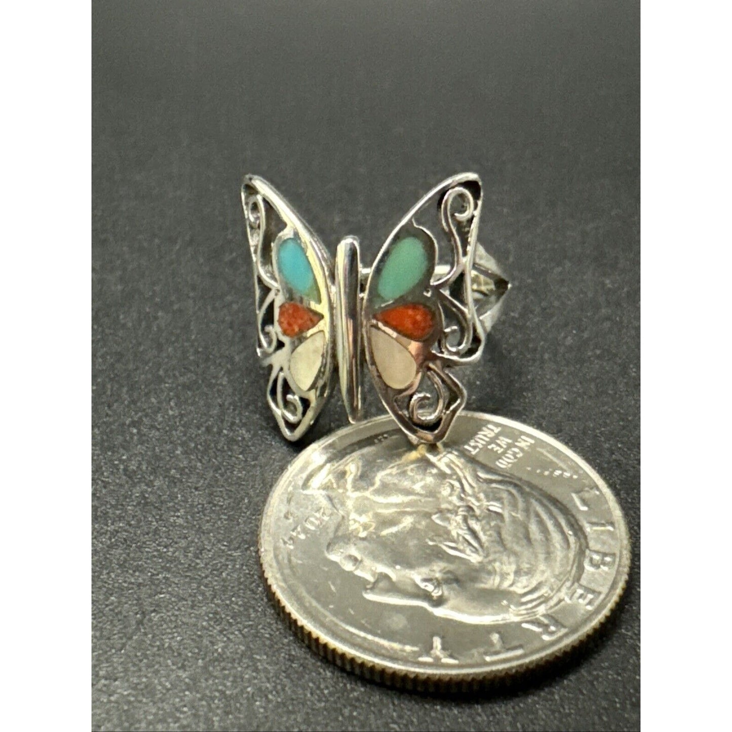 New Condition Sterling Silver Multi Gemstone Butterfly Motif Ring 925 Size 6.75