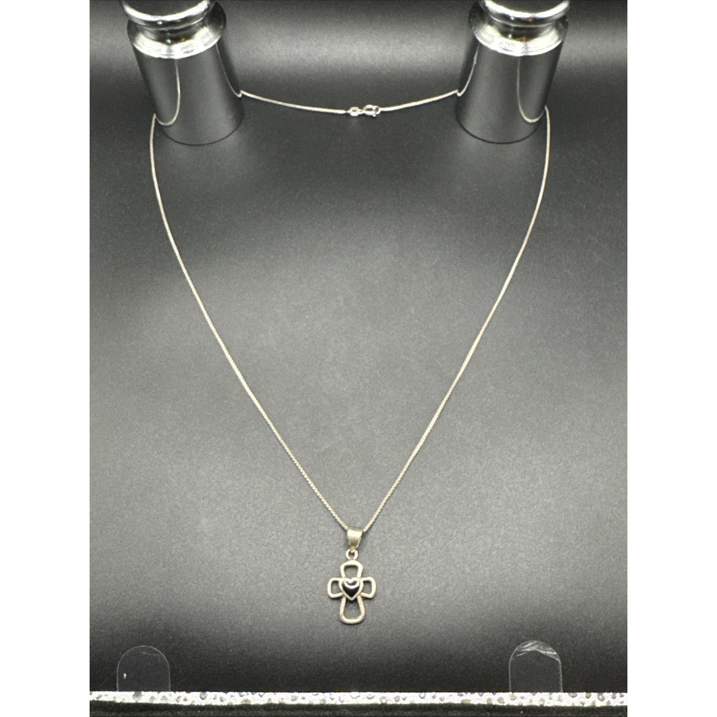 24” Sterling Silver Black Enamel Heart Cross Pendant Necklace 925 T27