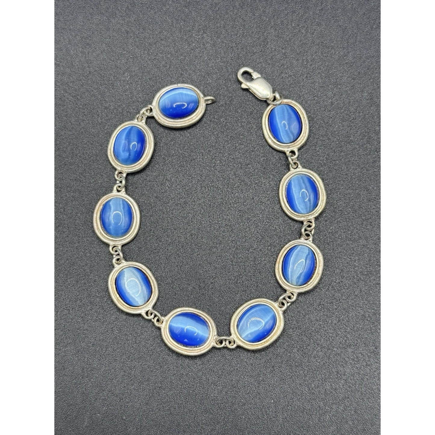 7.25” Sterling Silver Blue Catseye Glass Bracelet 19 Grams P3