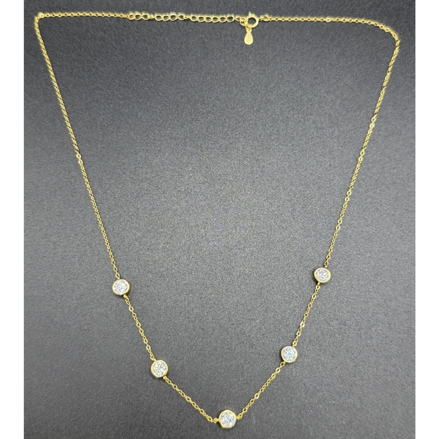 New Condition 18” Gold Sterling Silver Moissanite Station Necklace GRA