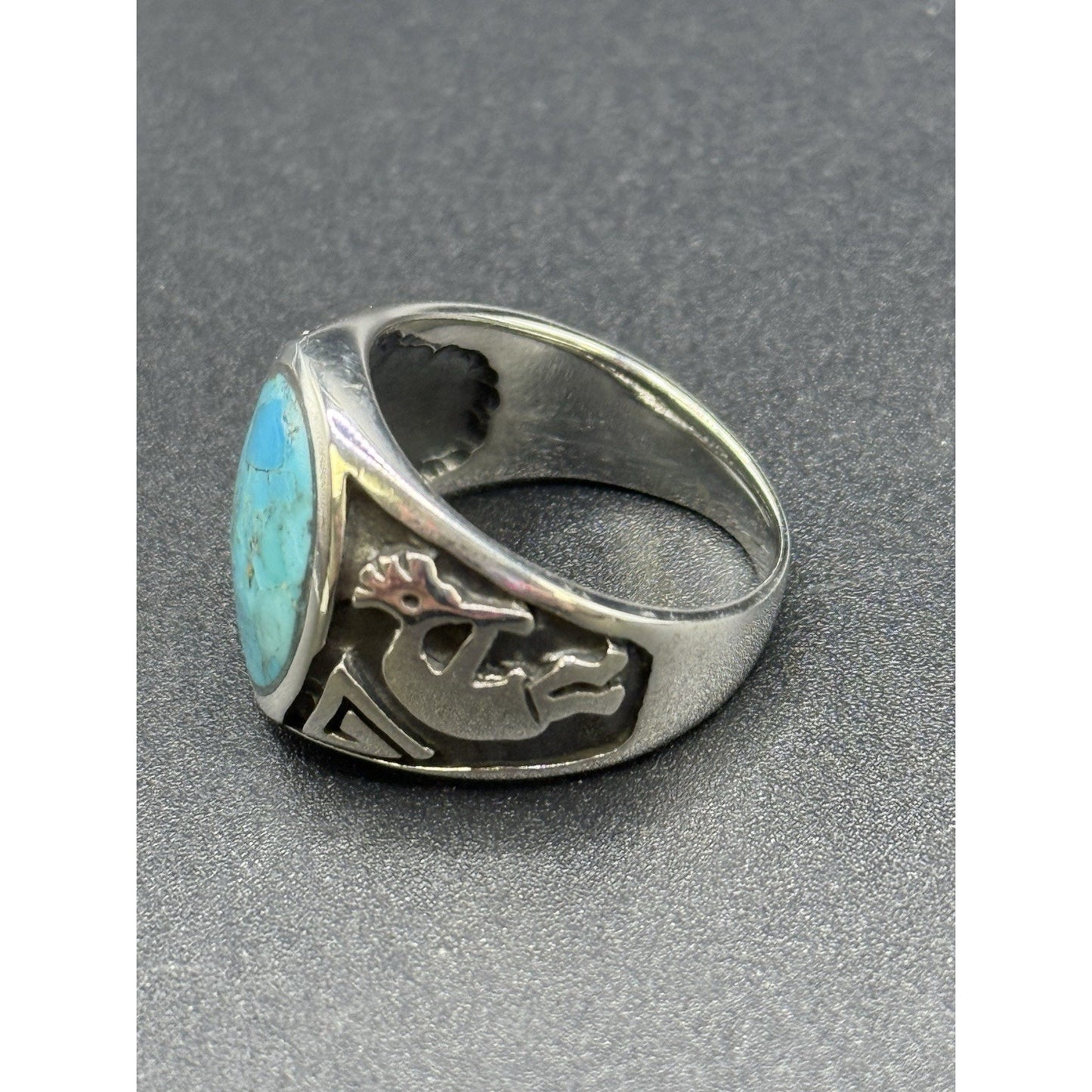 New Condition Sterling Silver Kokopelli Genuine Turquoise Gents Ring Size 10.00