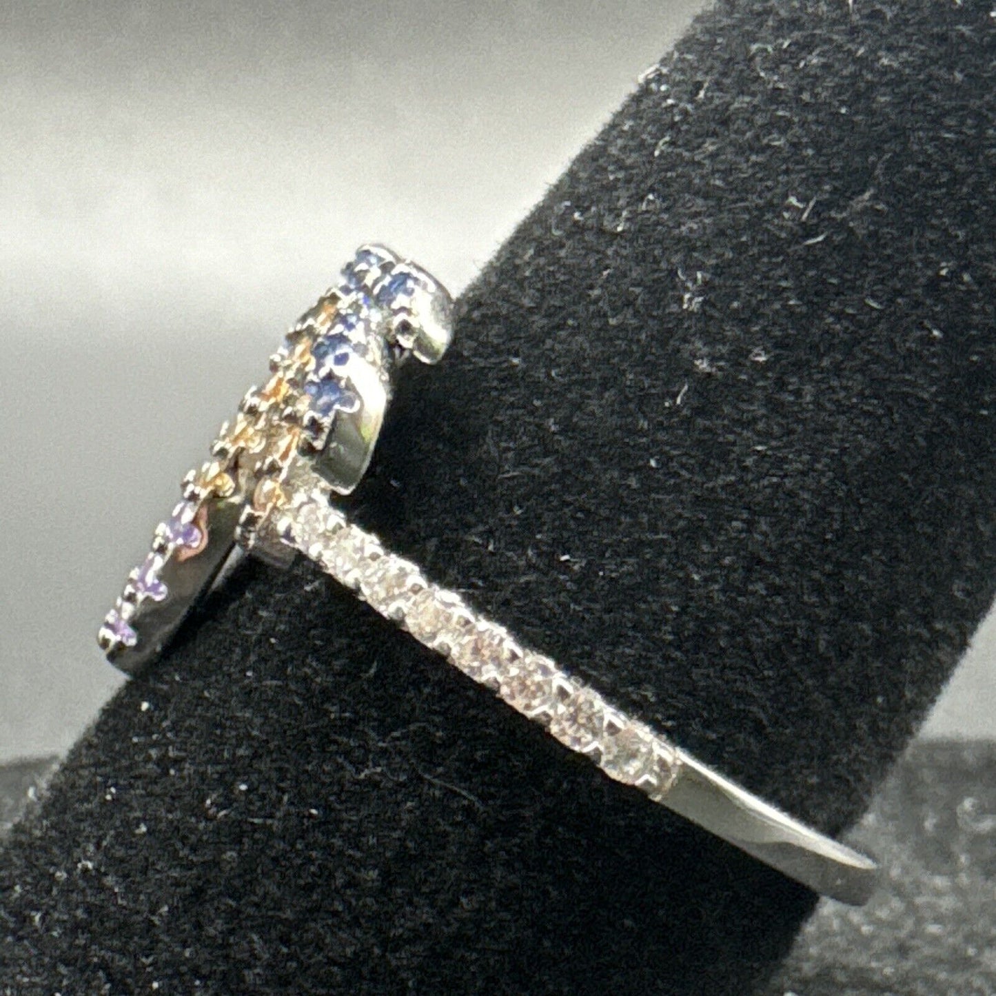 New Condition Sterling Silver Blue Pink Purple CZ Palm Tree Ring Size 7