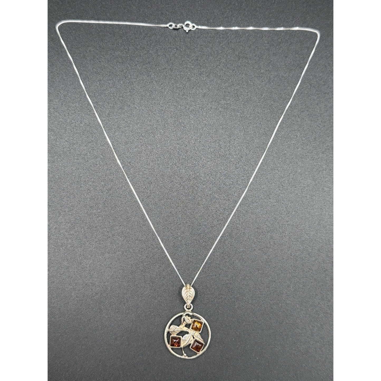 18” Sterling Silver Vintage Amber Leaf Pendant Necklace New Chain P12