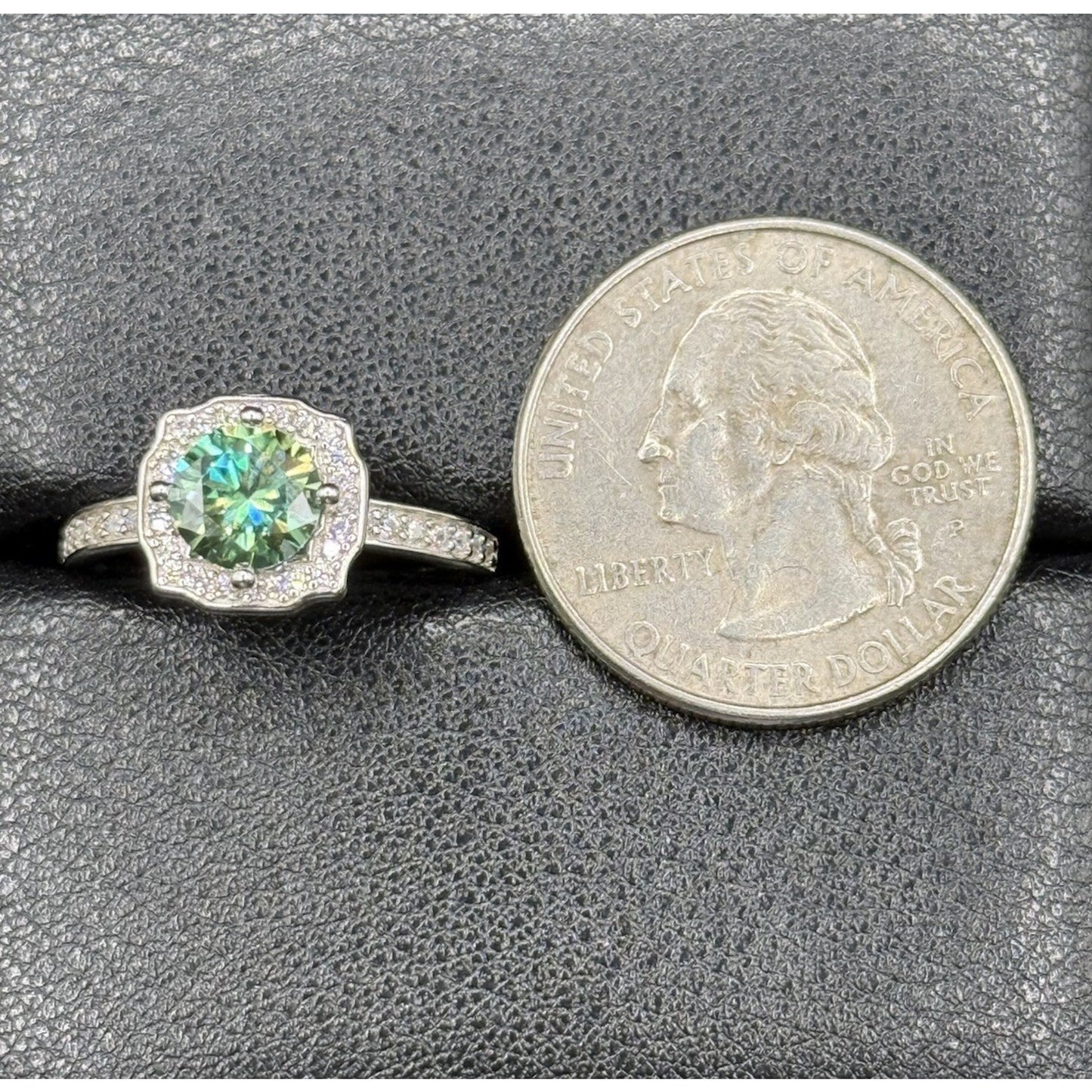 New Condition Blue Green Moissanite Ring Size 7 Adjust Sterling Silver GRA P18
