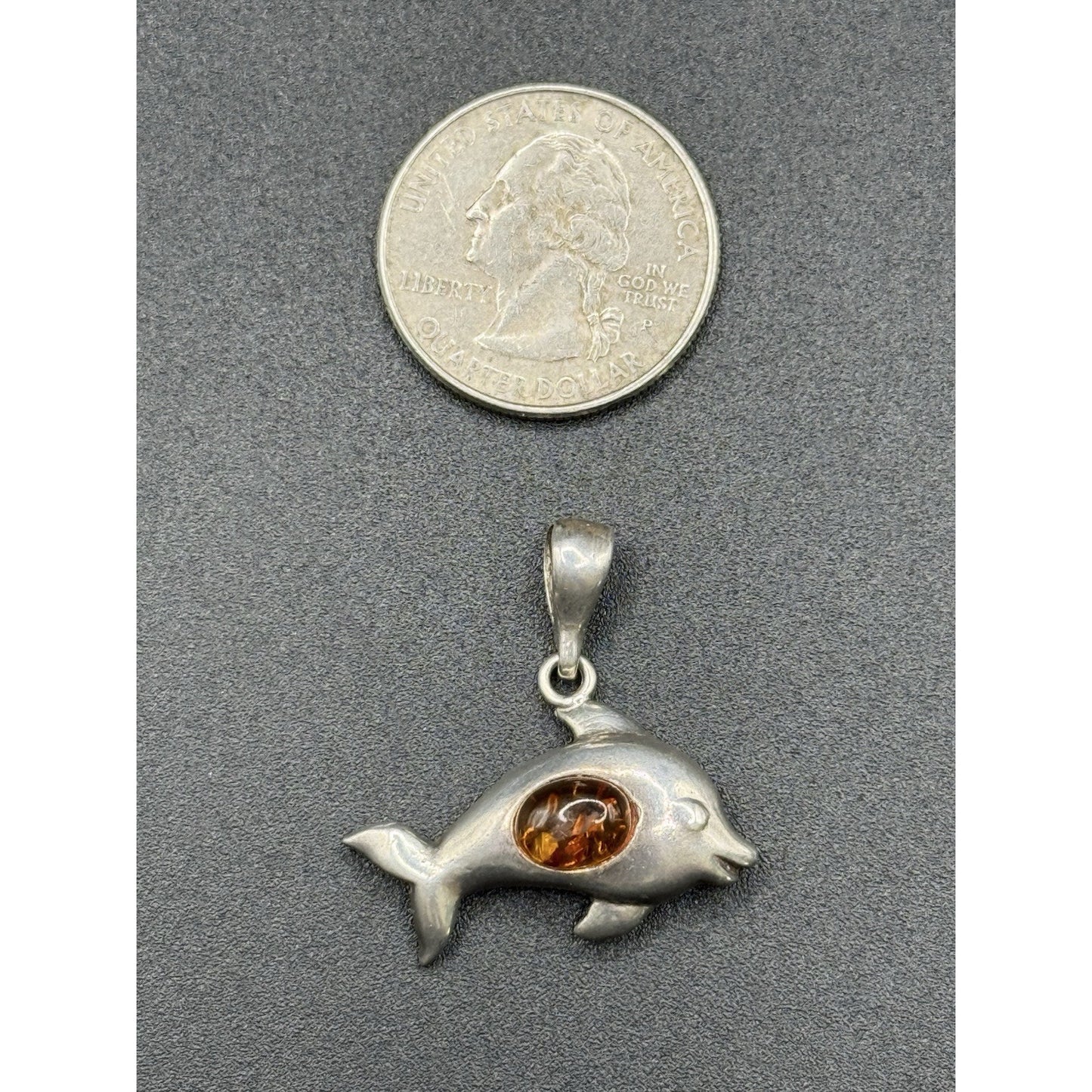 Vintage Sterling Silver Amber Dolphin Pendant 925