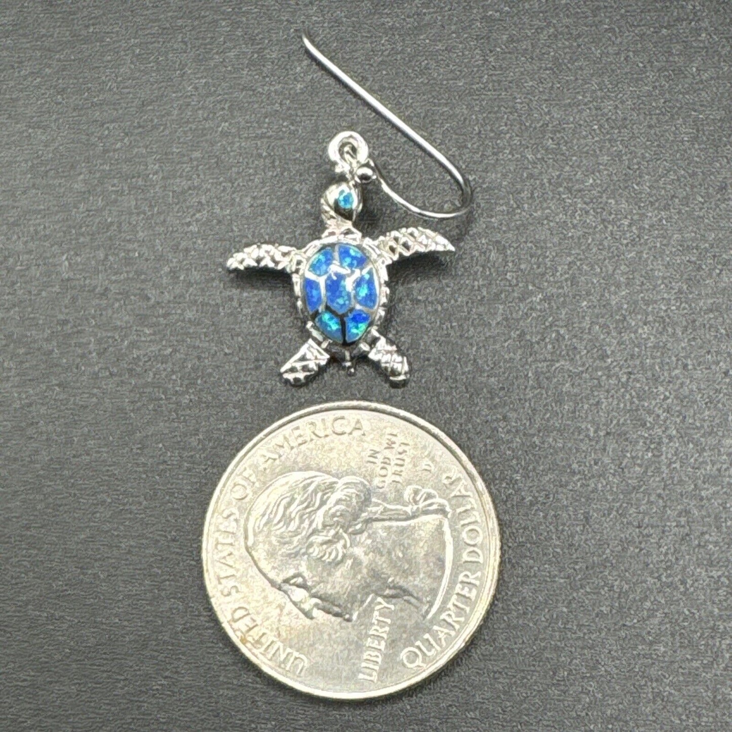 New Condition Sterling Silver Lab Blue Opal Sea Turtle Dangle Earrings 925