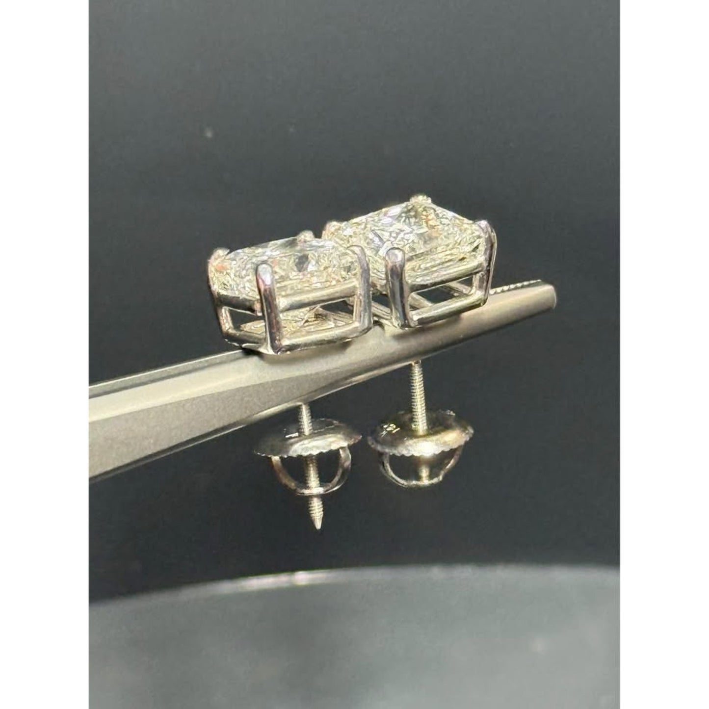 14k White Gold 4.02 CTW (2 carat each) Princess Cut Studs E Color VS1 Clarity Screw Backs