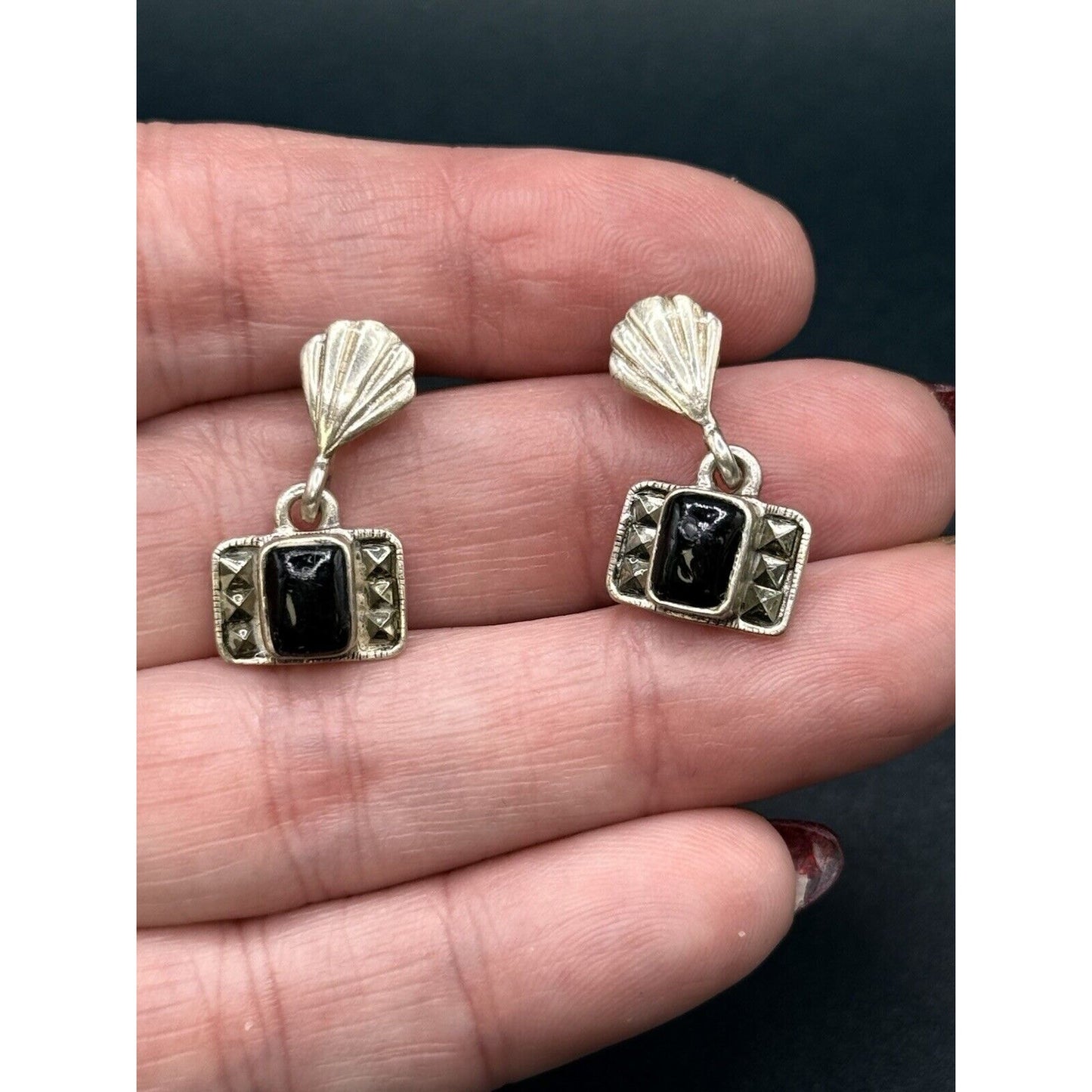Vintage Sterling Silver Onyx Marcasite Art Deco Dangle Earrings M8