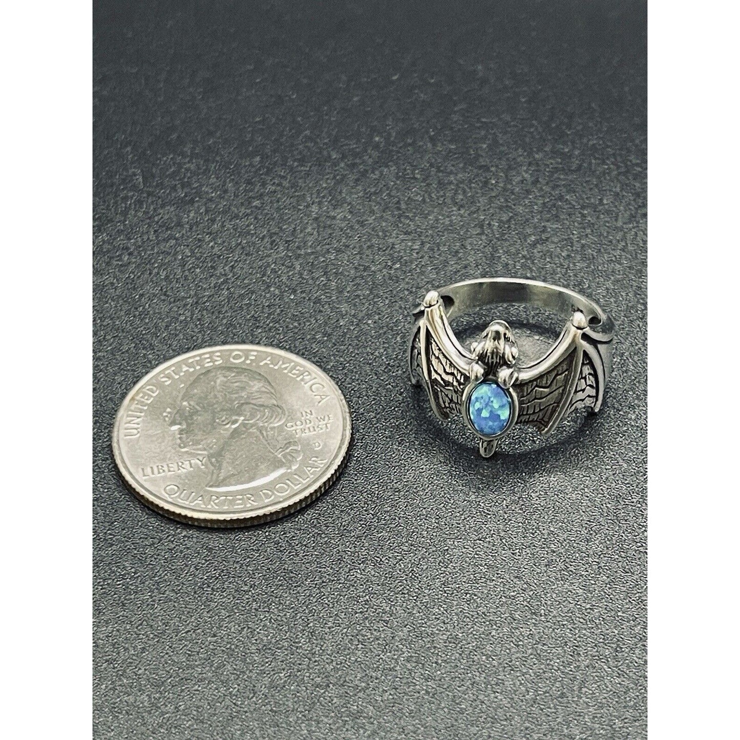 New Condition Sterling Silver Lab Blue Opal Bat Ring Size 7.00