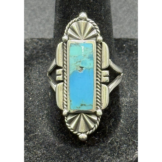 New Condition Sterling Silver Turquoise Art Deco Long Ring Size 8 925