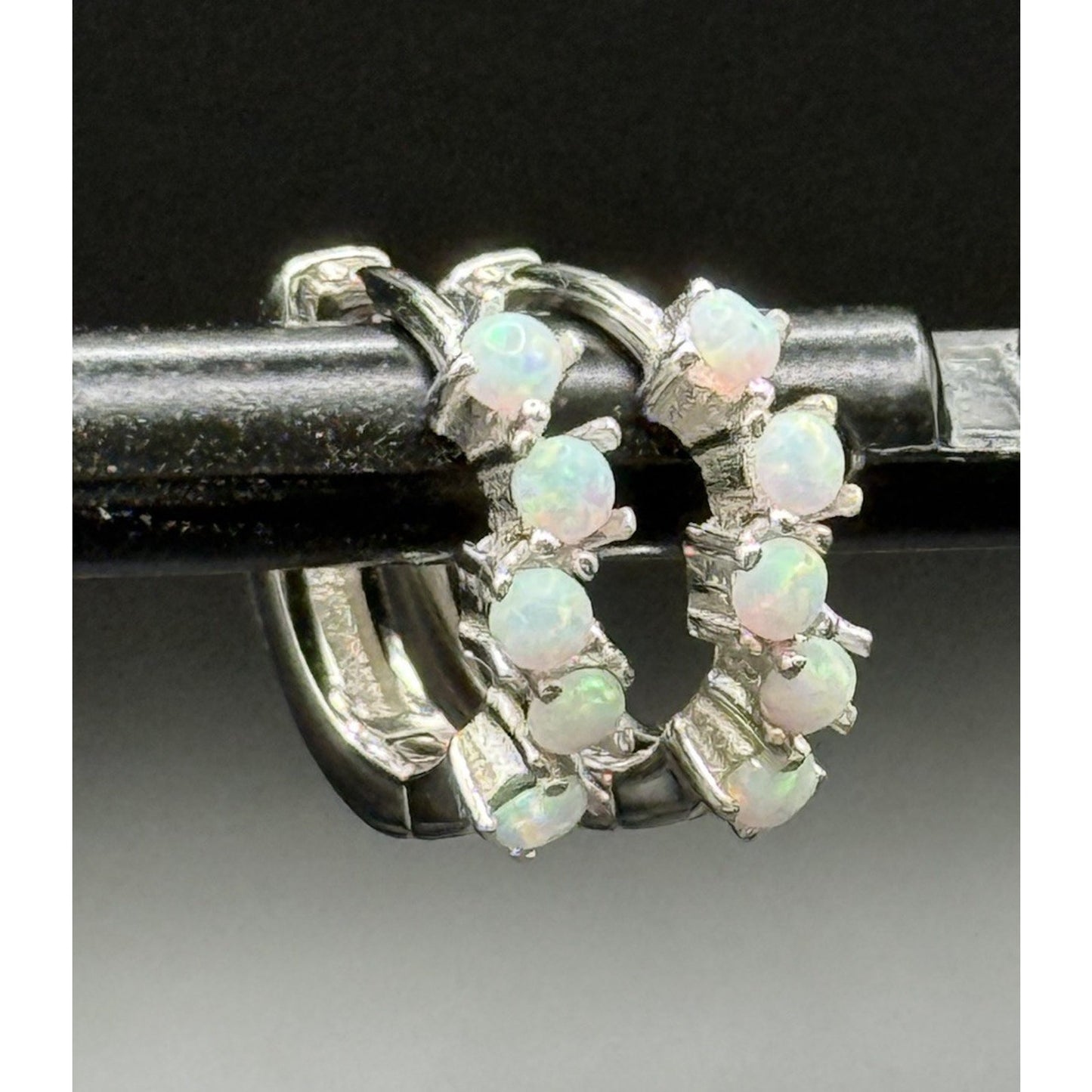 New Condition Dainty Sterling Silver Lab Opal Huggie Earrings 925