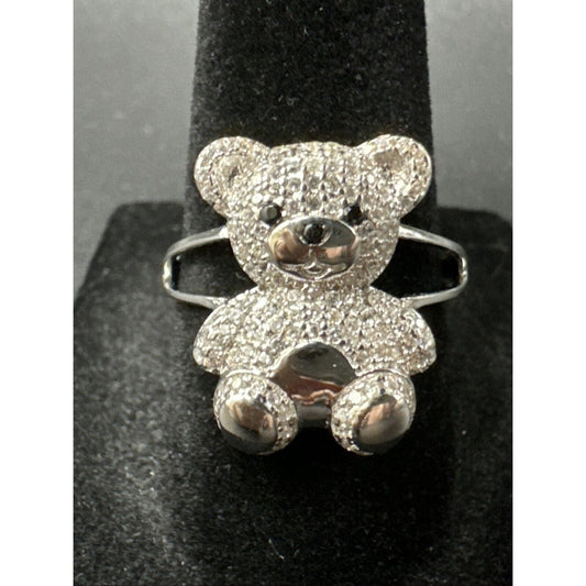 New Condition Sterling Silver CZ Encrusted Teddy Bear Ring 925 Size 7