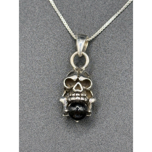 New Condition 20” Sterling Silver Onyx Skull Pendant Necklace 925