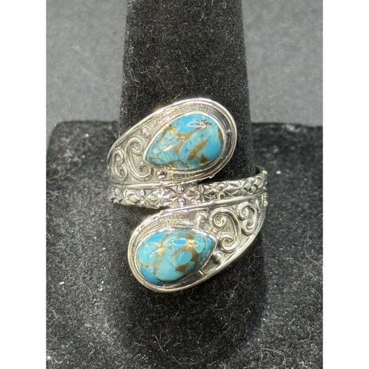 New Condition Sterling Silver Bypass Copper Turquoise Ring Size 7.00