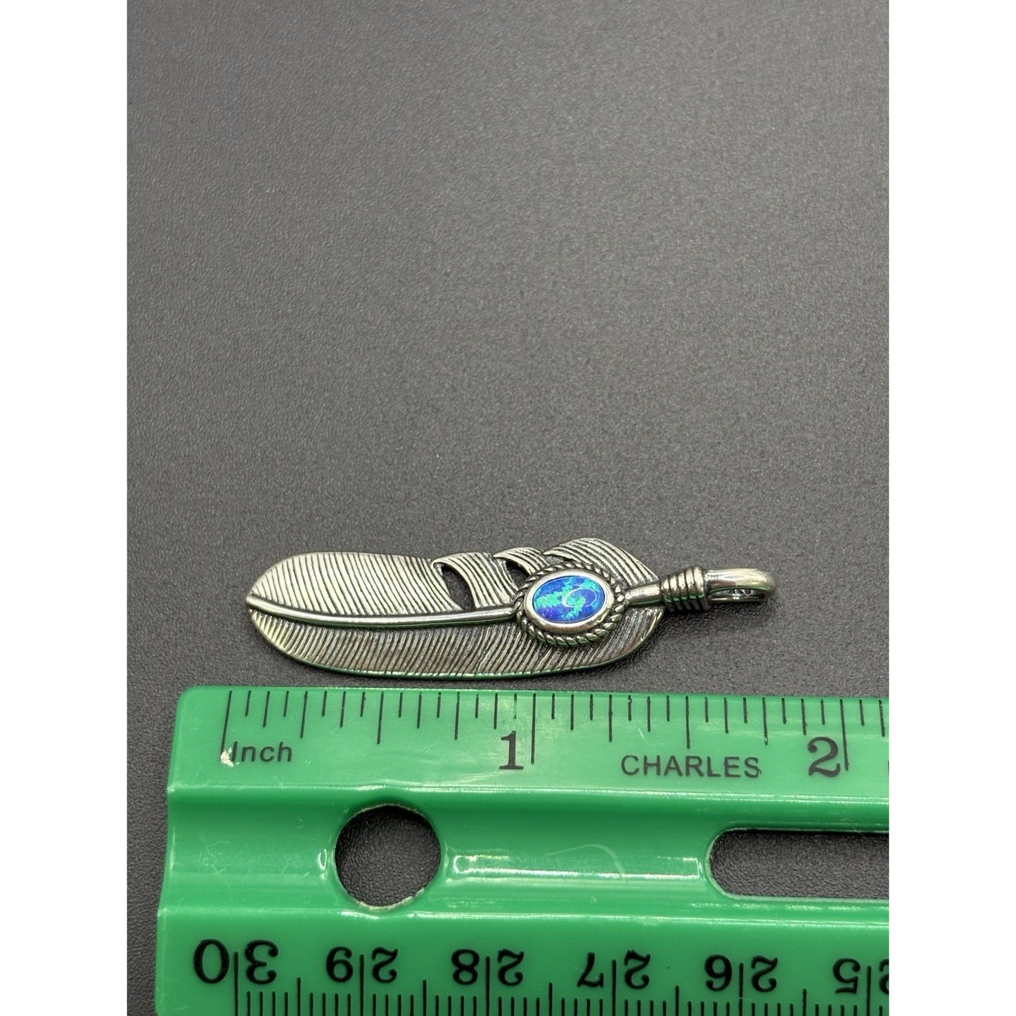 New Condition Sterling Silver Lab Blue Opal Feather Pendant 925 Free Shipping