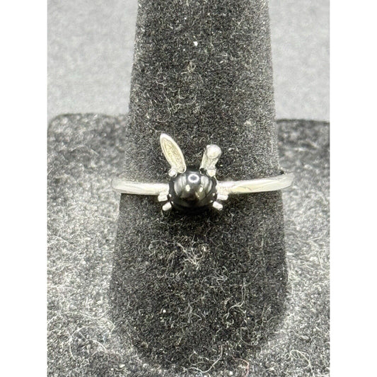 New Condition Sterling Silver Bunny Rabbit Genuine Onyx Ring Size 7.00