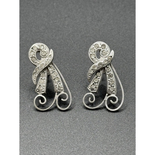 Antique Sterling Silver Rhinestone Dangle Earrings Screw Backs N13
