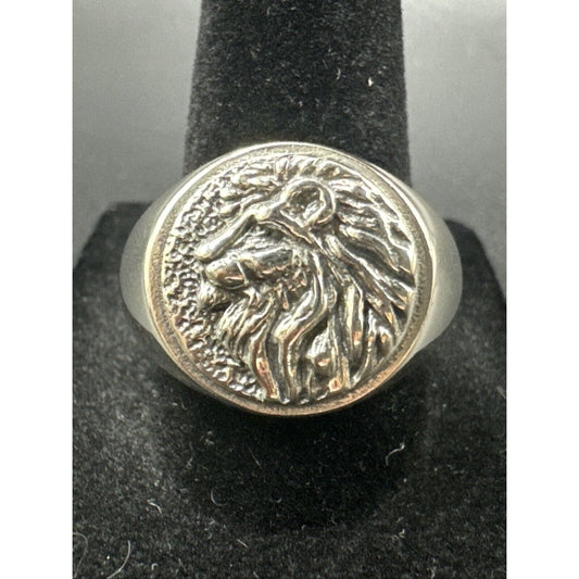 New Condition Sterling Silver Lion Head Circle Signet Ring 925 Size 9.75