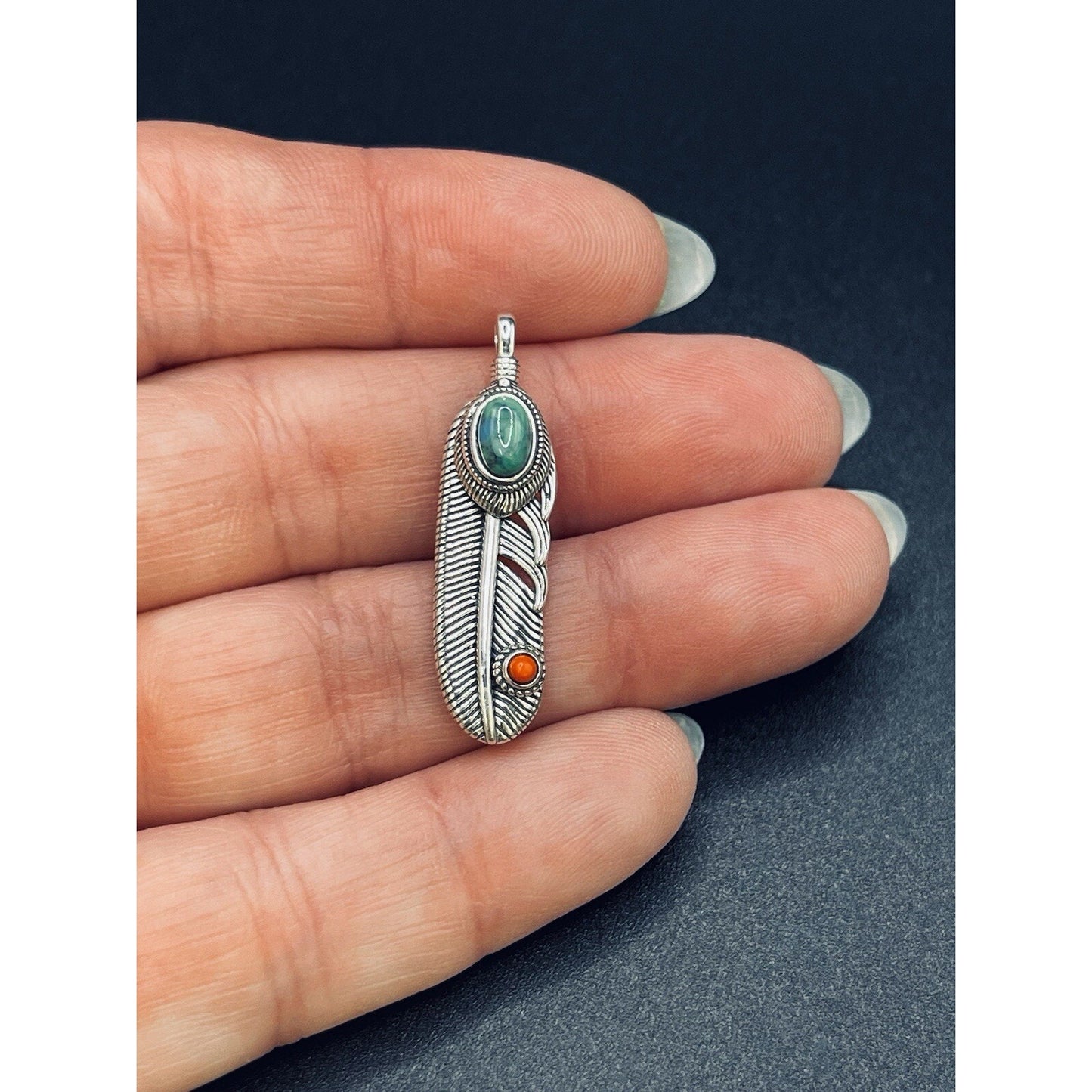 New Condition Sterling Silver Coral Turquoise Feather Pendant 925