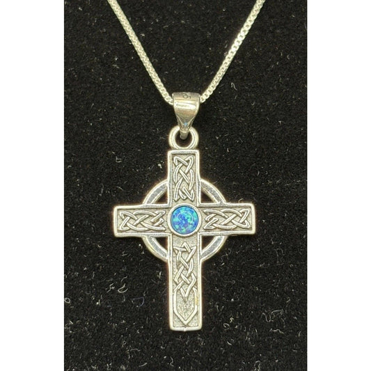 New Condition 18" Sterling Silver Lab Blue Opal Celtic Cross Necklace