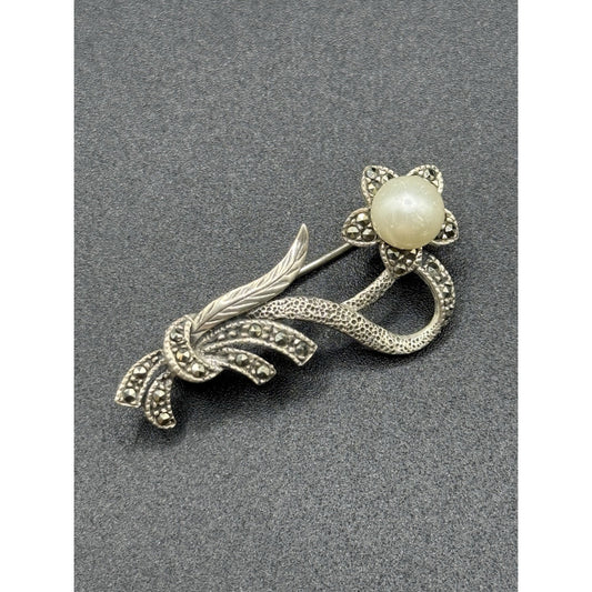 Vintage Sterling Silver Marcasite Pearl Brooch Pin 925 P6