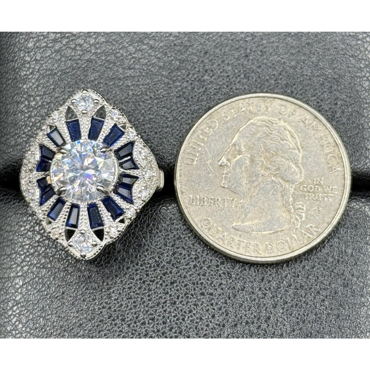 New Condition Sterling Silver Moissanite Art Deco Ring Size 7.00 GRA Q23