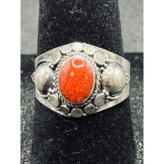 New Condition Sterling Silver Bali Style Coral Ring Size 7.00