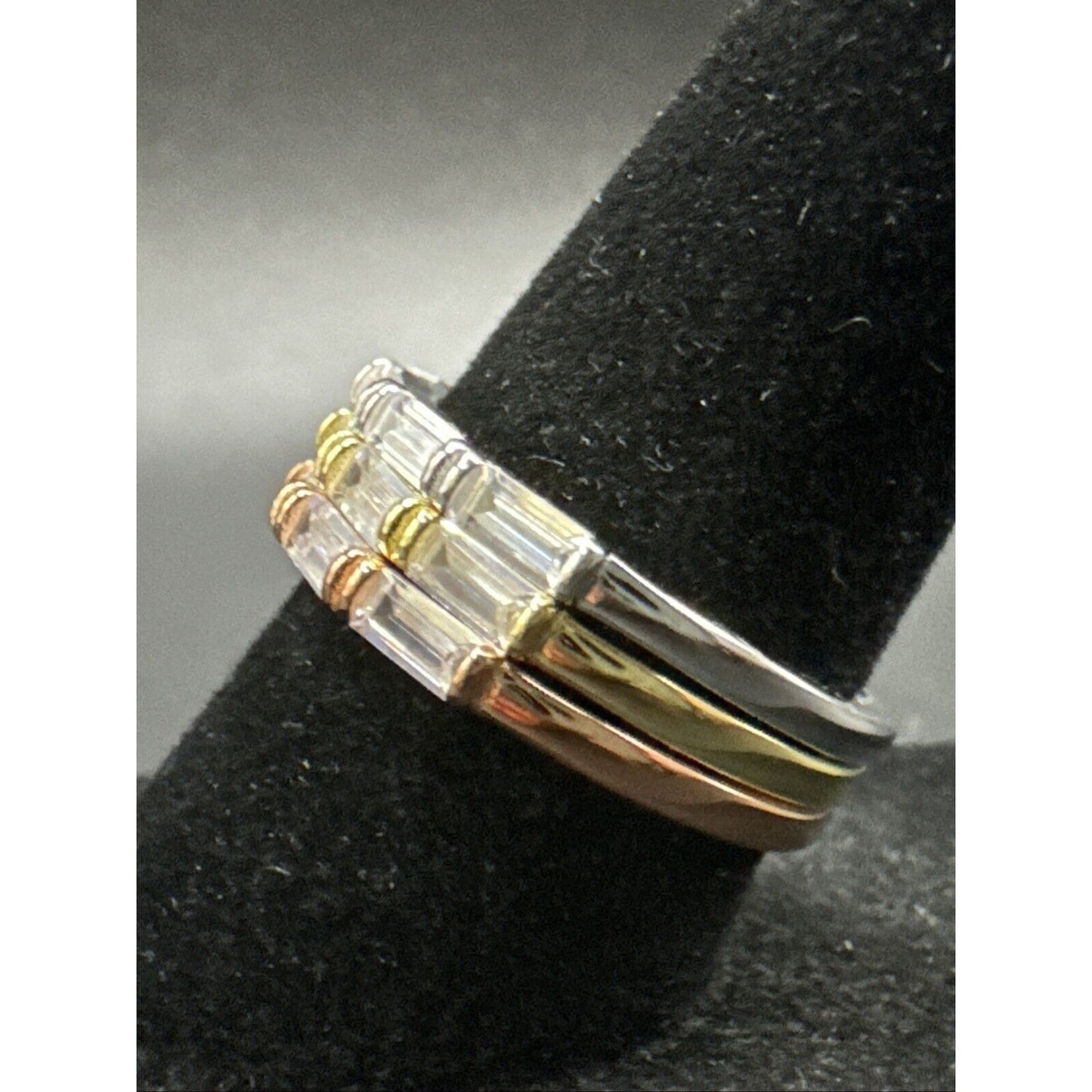 New Condition Sterling Silver Tri Tone CZ 3 Ring Stacking Set 925 Size 6.5
