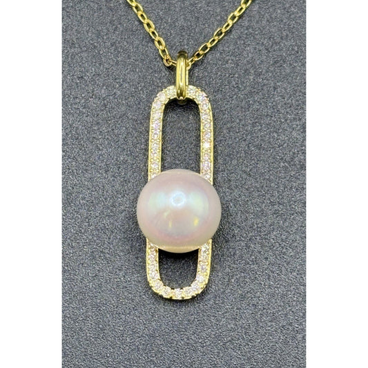 18” New Condition Gold S.S. Genuine Pearl Moissanite Modernist Pendant GRA