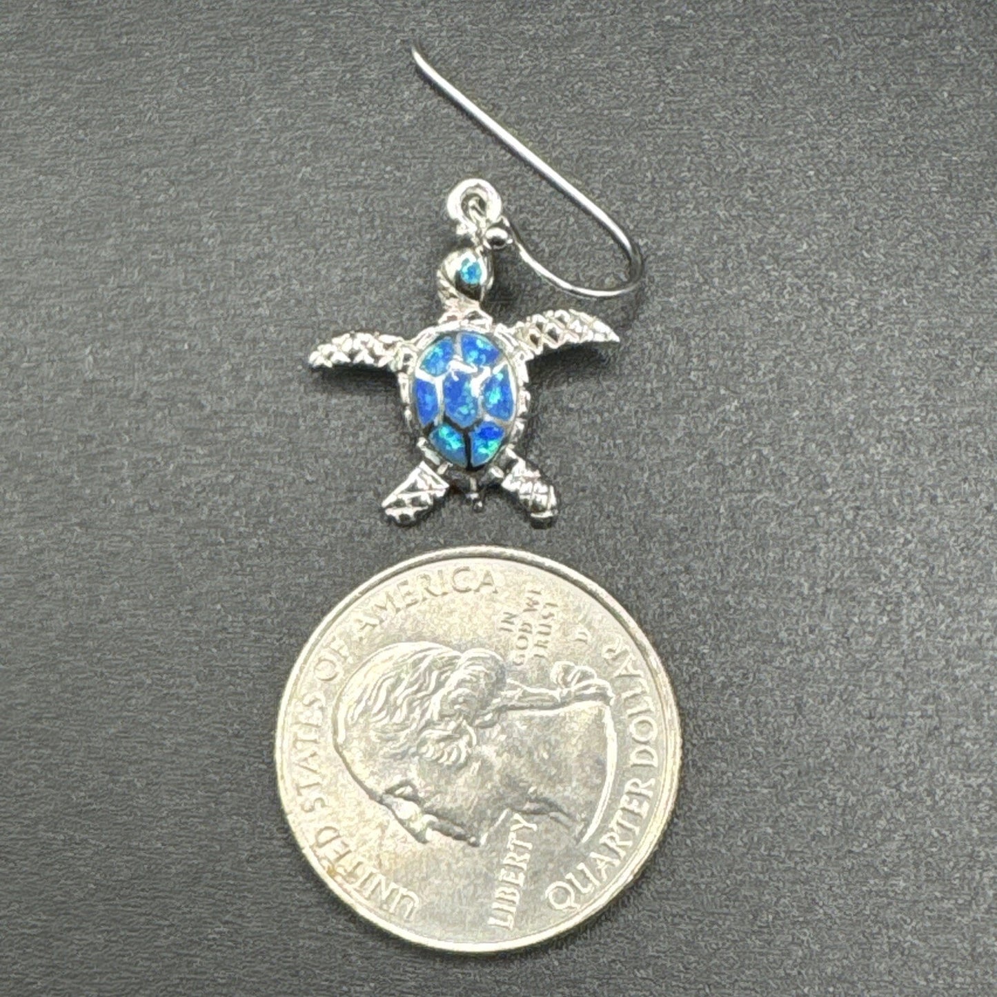 New Condition Sterling Silver Lab Blue Opal Sea Turtle Dangle Earrings 925