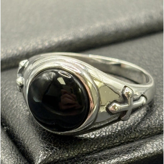 New Condition Sterling Silver Onyx Cross Ring Size 7