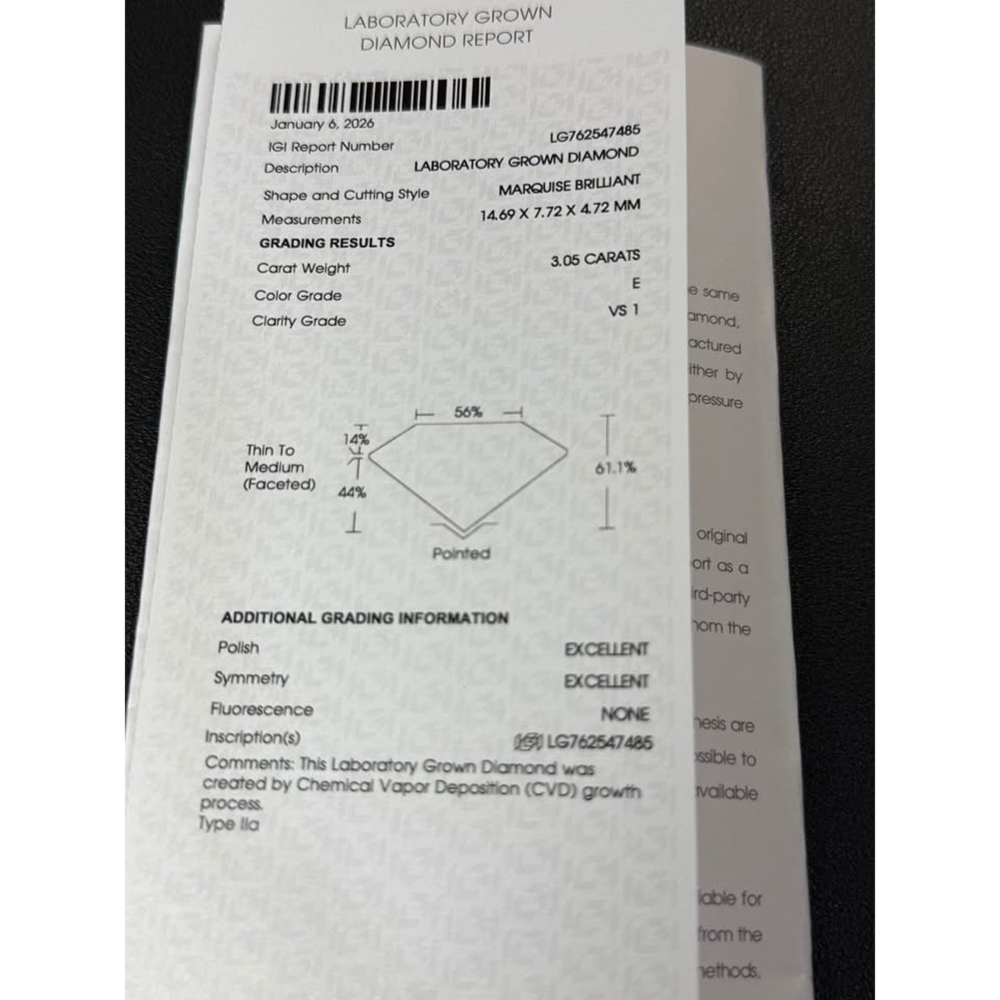 Brand New 14k Yellow Gold 3.05 Carat Marquise Lab Grown Diamond Ring E Color VS1 Clarity IGI
