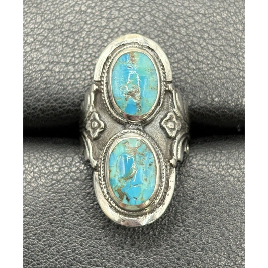 New Condition Sterling Silver Double Turquoise Long Ring Size 6