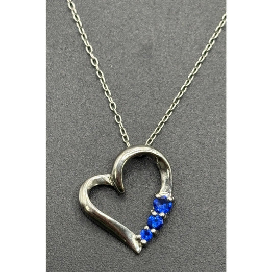 18" Sterling Silver Lab Sapphire Heart Pendant Necklace 925 W16