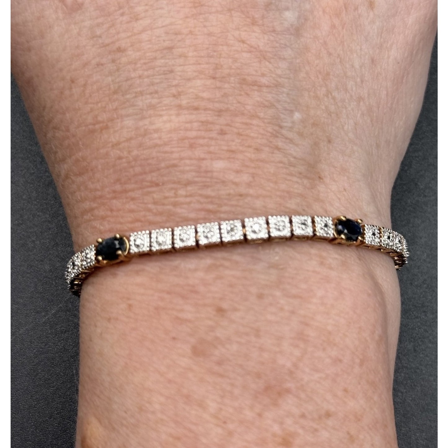7.5” Sterling Silver Two Tone Genuine Sapphire Tennis Bracelet 12 Grams P5
