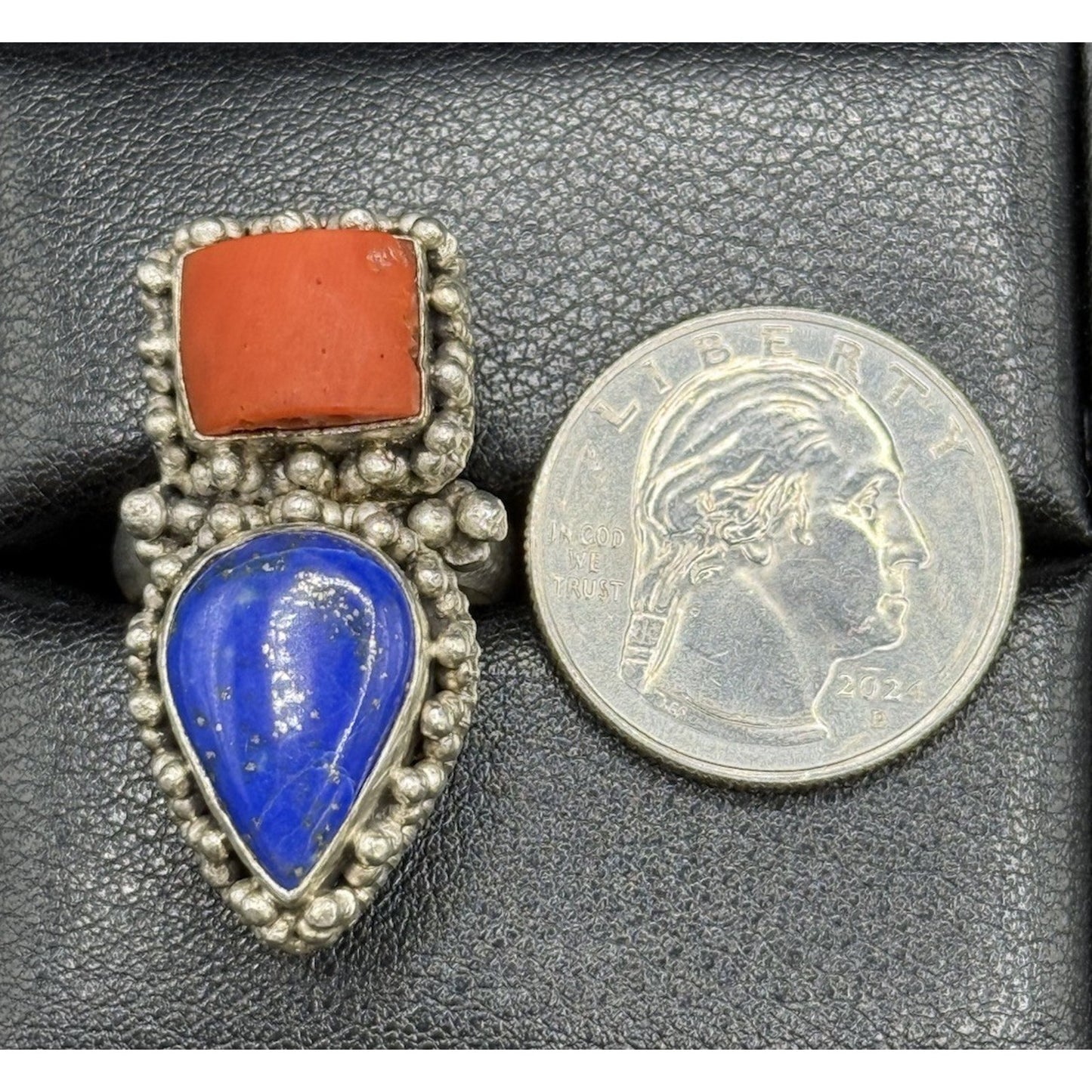 Vintage Sterling Silver Genuine Coral Lapis Ring Size 6.50 15 Grams Q7