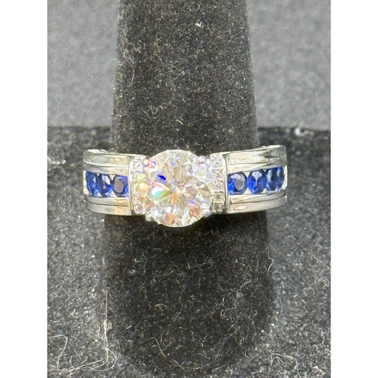 New Condition Sterling Silver Moissanite Blue Cubic Zirconia Ring Size 6.75 GRA