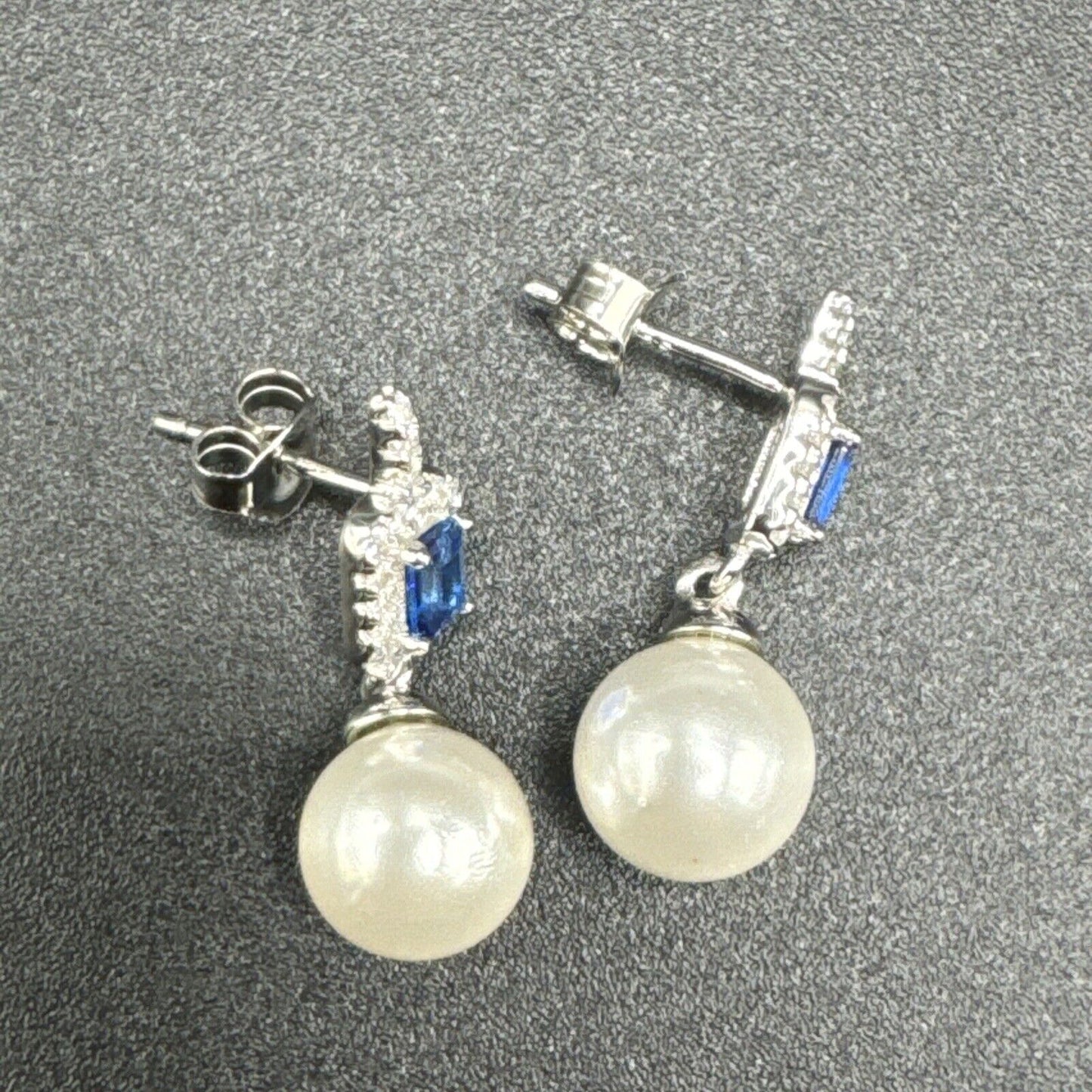 New Condition Sterling Silver Pearl Blue Square Cut CZ Earrings 925