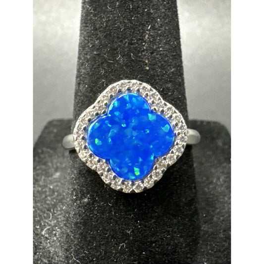 New Condition Sterling Silver Lab Blue Opal Clover CZ Ring 925 Size 7