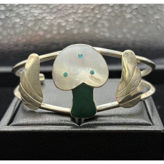 Zuni Sterling Silver Mushroom Malachite Mother Pearl Cuff Bracelet W17