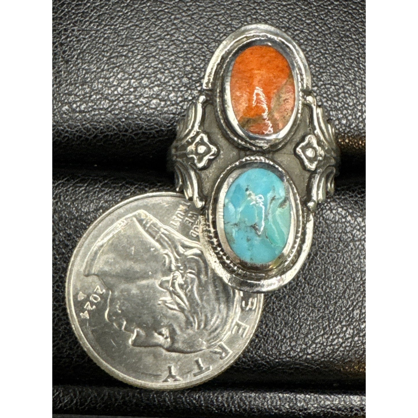 New Condition Sterling Silver Turquoise Coral Ring 925 Size 9.75