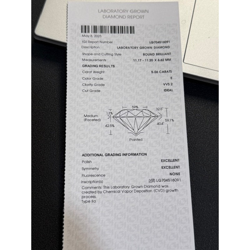 Loose 5.06 Round Brilliant Cut Lab Grown Diamond E Color VVS2 Ideal IGI Lab