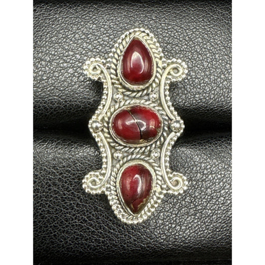 EUC Sterling Silver Red Dahlia Turquoise Long Ring 925 Size 7 T29